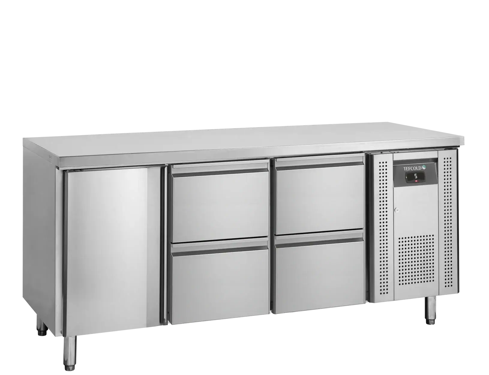 Tefcold kølebord med én låge og fire skuffer i rustfrit stål